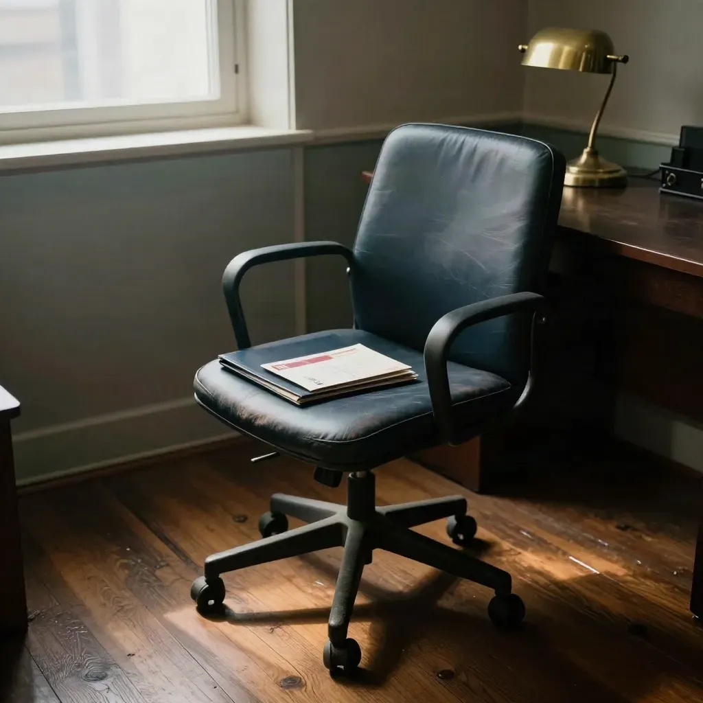 Empty office chair, grievance folder, payroll envelope, and desk lamp in warm late-afternoon light.