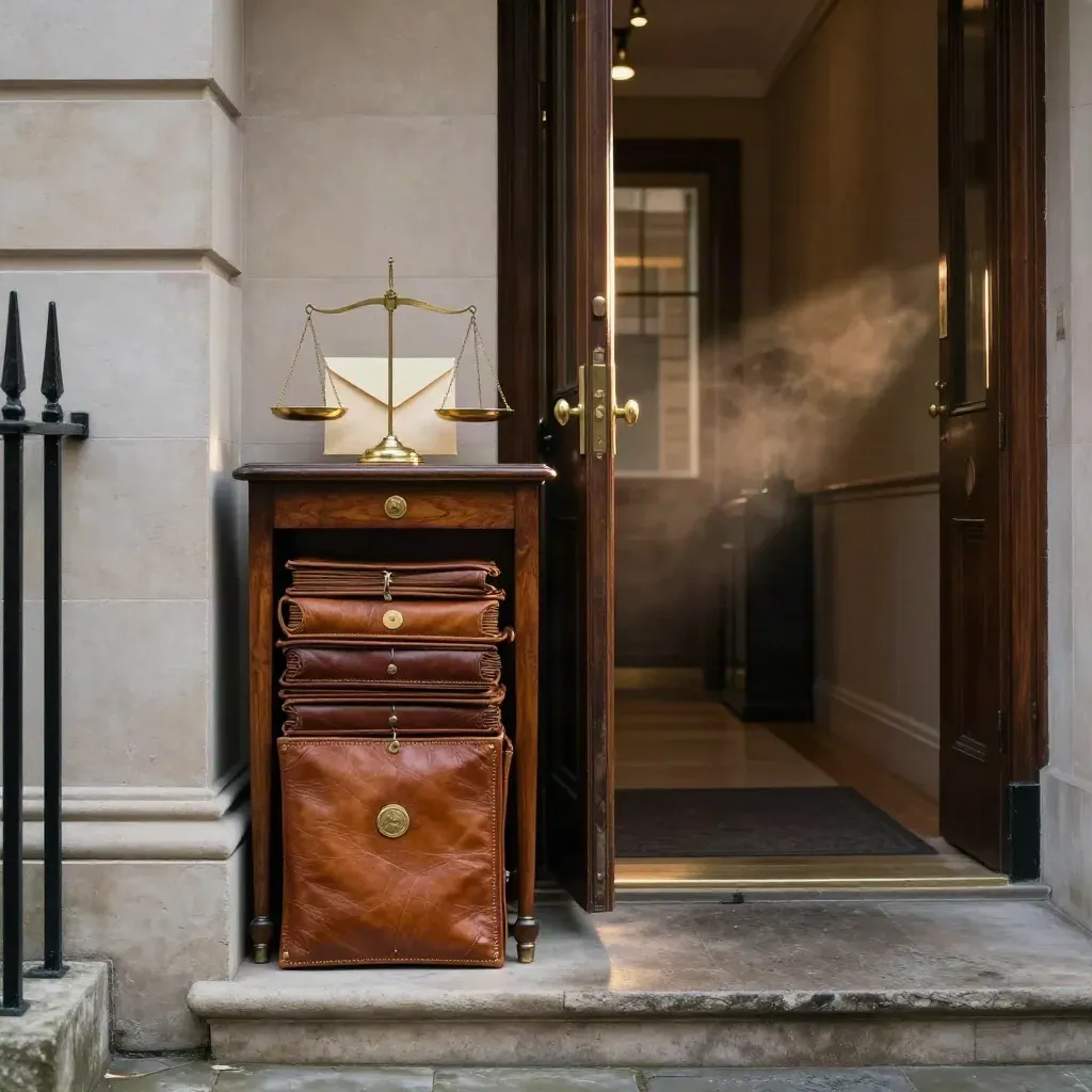 Georgian solicitor entrance with leather case folders, brass scales and rain haze