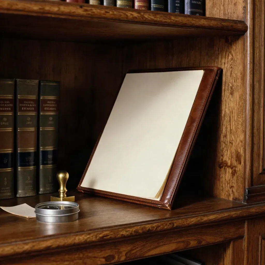 Leather legal folio with wax tin and brass seal on an oak library shelf, lit warmly