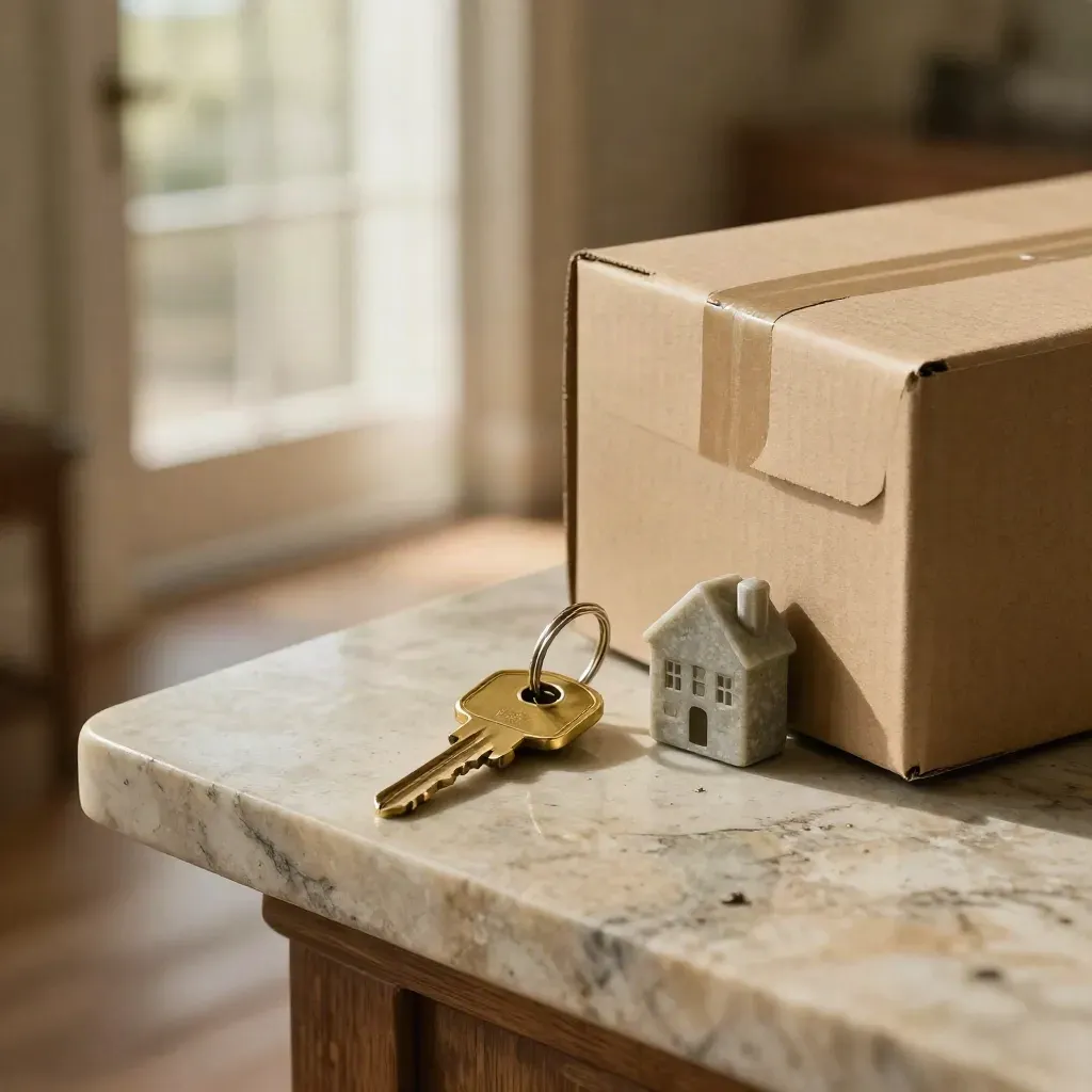 Brass keys and a house-shaped paperweight beside a moving box on a stone console.