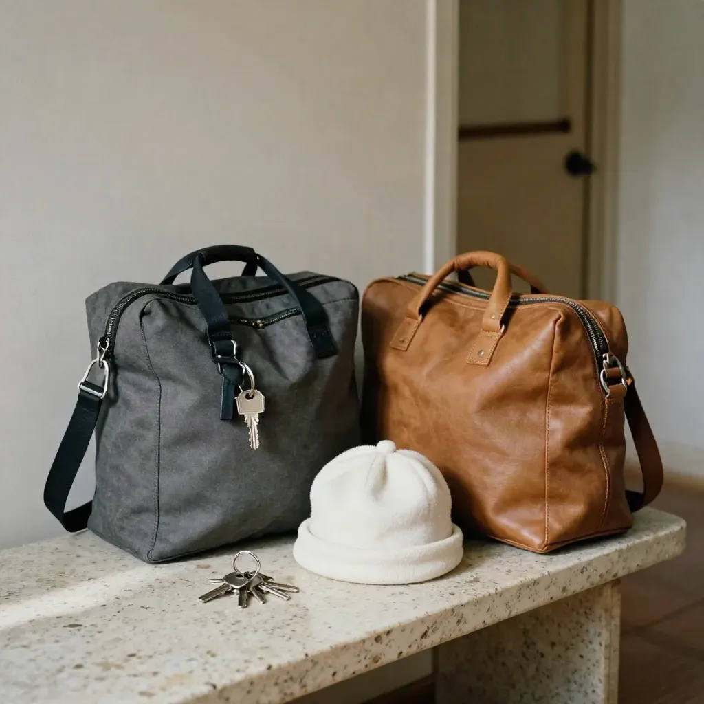 Hallway bench with two sets of keys, a child’s wool hat, and overnight bags ready for handover.