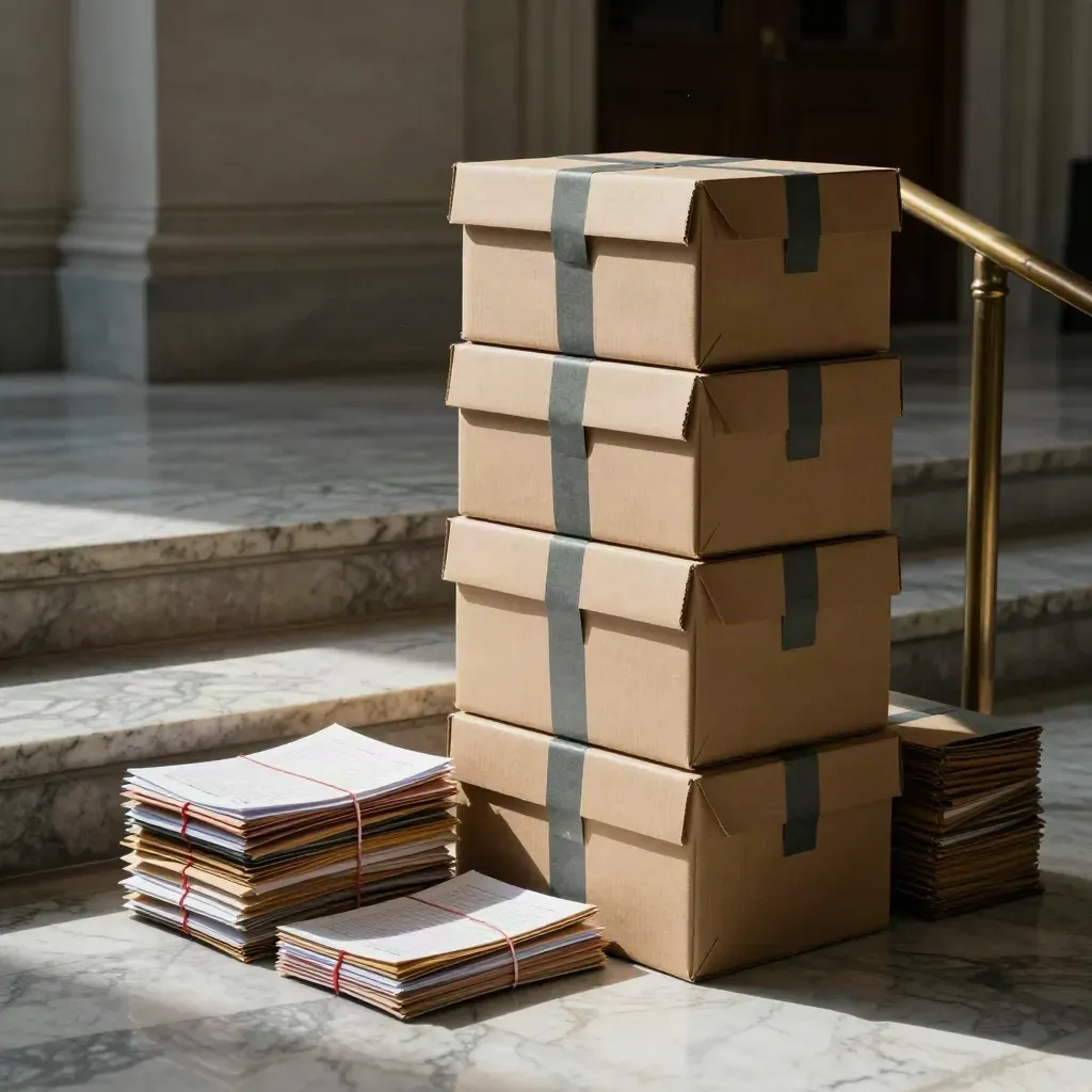 Evidence boxes and red-string bundles on courthouse steps in dramatic low light.