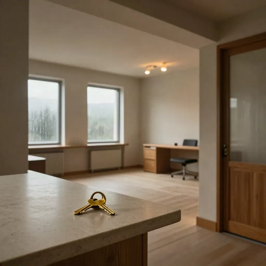 Empty office suite with keys on a counter and warm light through rain-hazed windows.