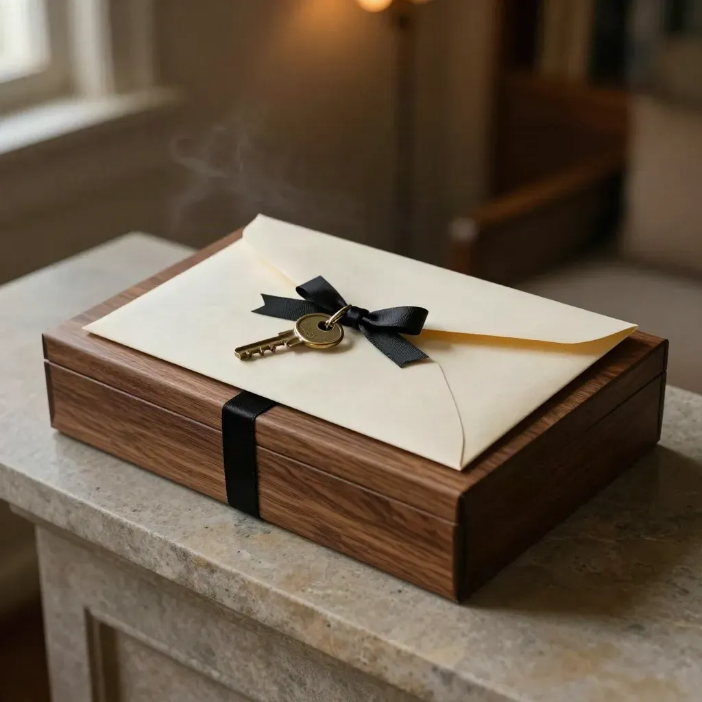 Sealed estate envelope, keys, black ribbon, and walnut archive box on a warm mantel