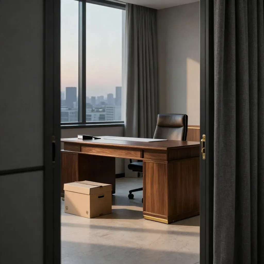 Empty executive office with a closed drawer and one archive box by the door in evening light.