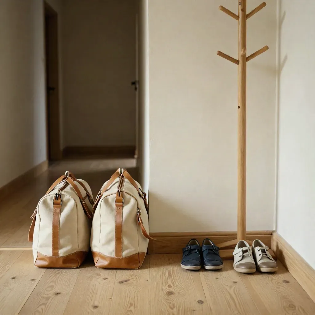 Hallway with two overnight bags and two pairs of children’s shoes, neatly set for two routines