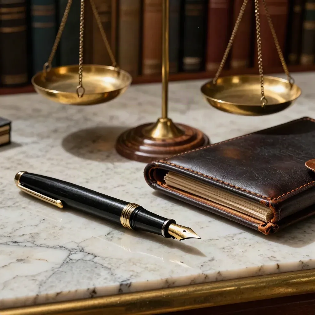 Brass scales, fountain pen and leather folio on travertine in a moody solicitor still life.