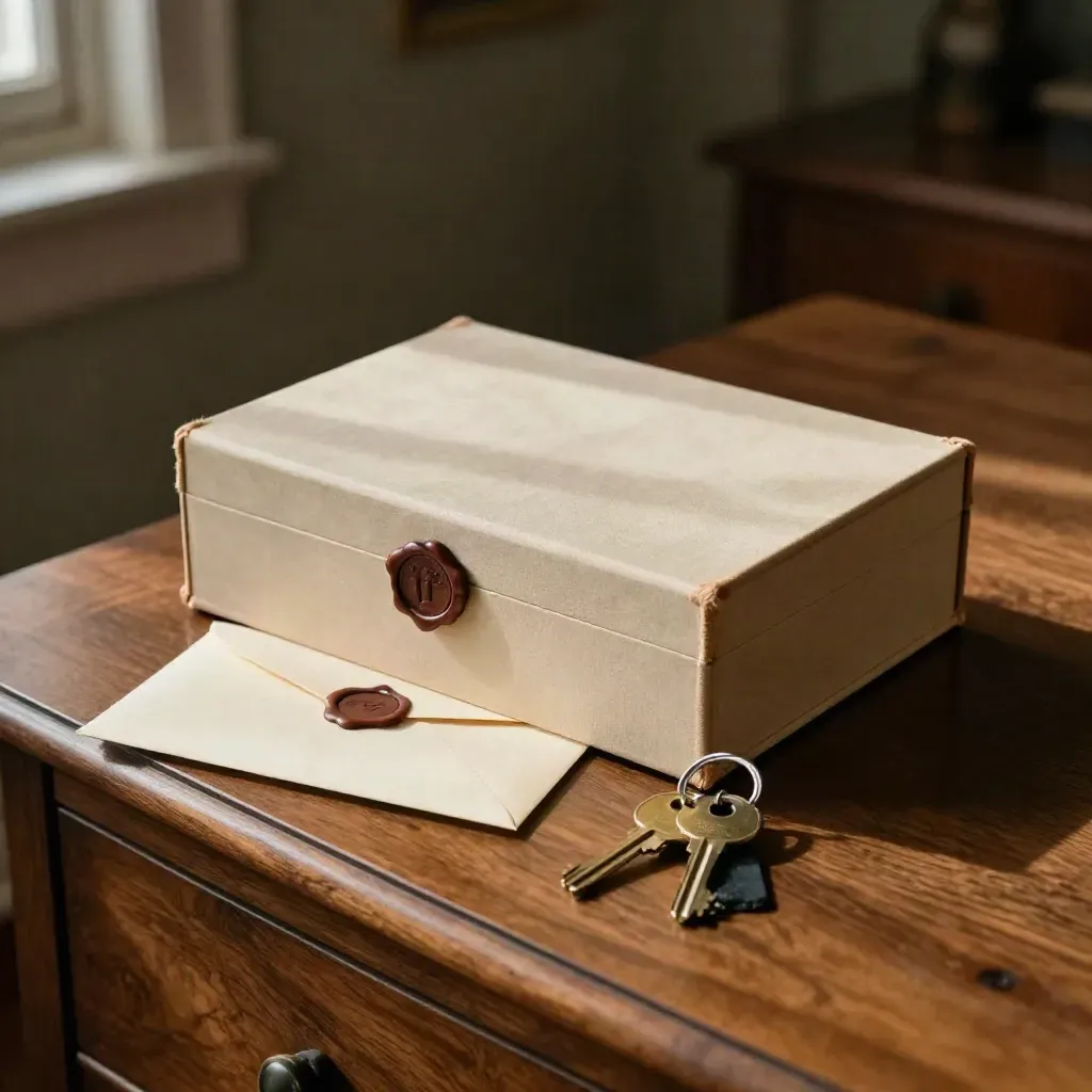Archive box, wax-sealed envelope and house keys on a walnut sideboard in warm window light.