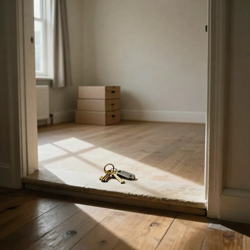 Low hallway view into a bright empty house room with keys, boxes, and dust motes.