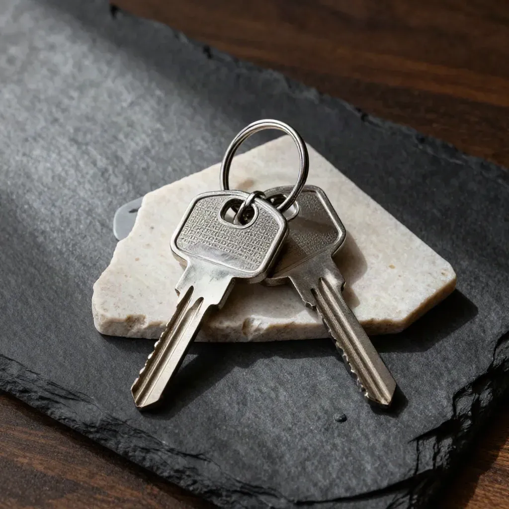 Brushed steel house keys on limestone and slate samples with a blank tag in cool raking light.
