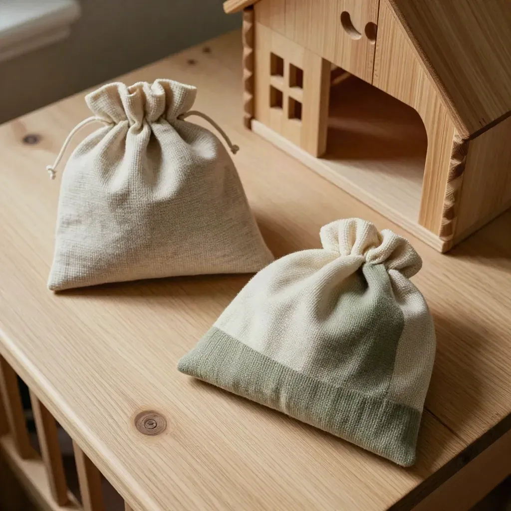 Overhead still life of linen pouches, a knit hat, and a wooden block house on pale oak.