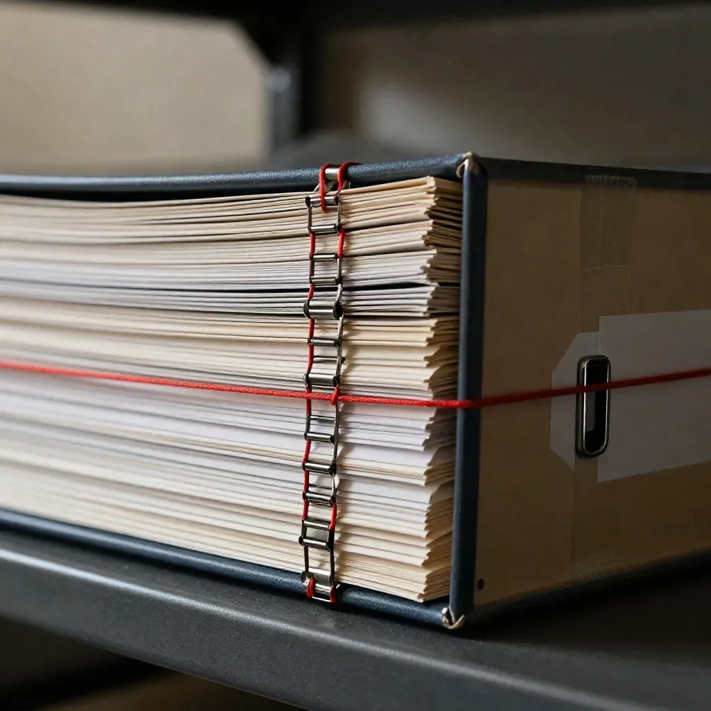 Macro litigation file stack with red string, binder clips, and archive box corner