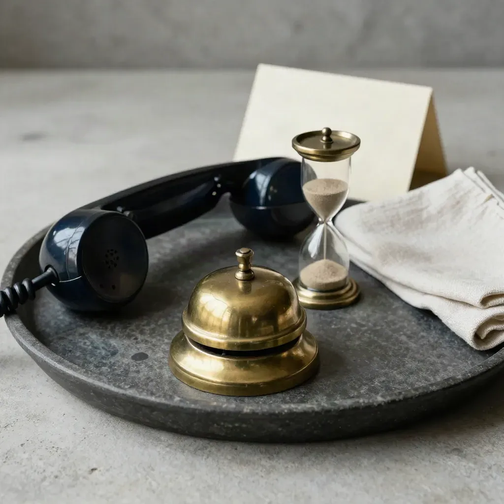 Vintage handset, brass bell and hourglass on stone tray with linen cloth