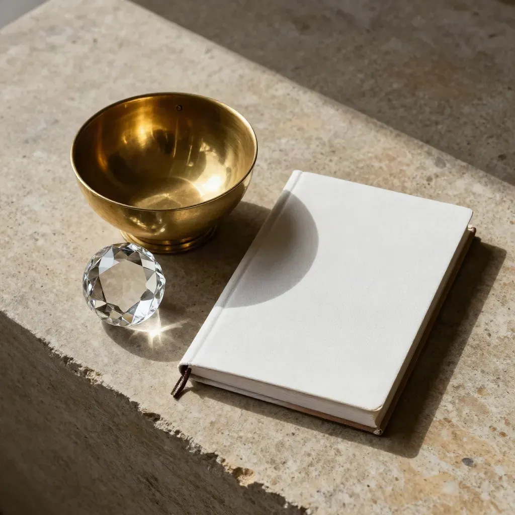 Brass scale bowl, crystal paperweight and closed notebook on a limestone slab