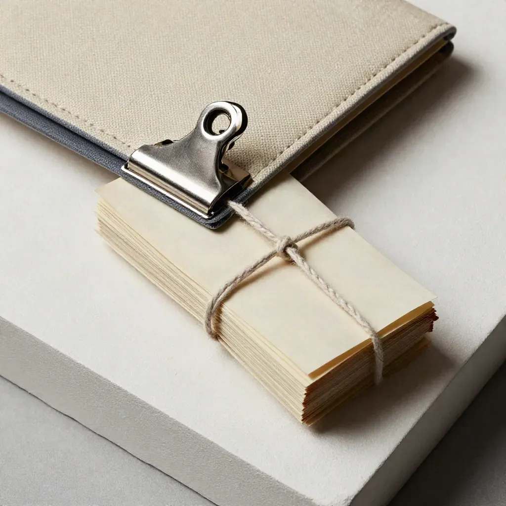Overhead legal file pouch, courier clip and tied bundle on a plaster sweep.