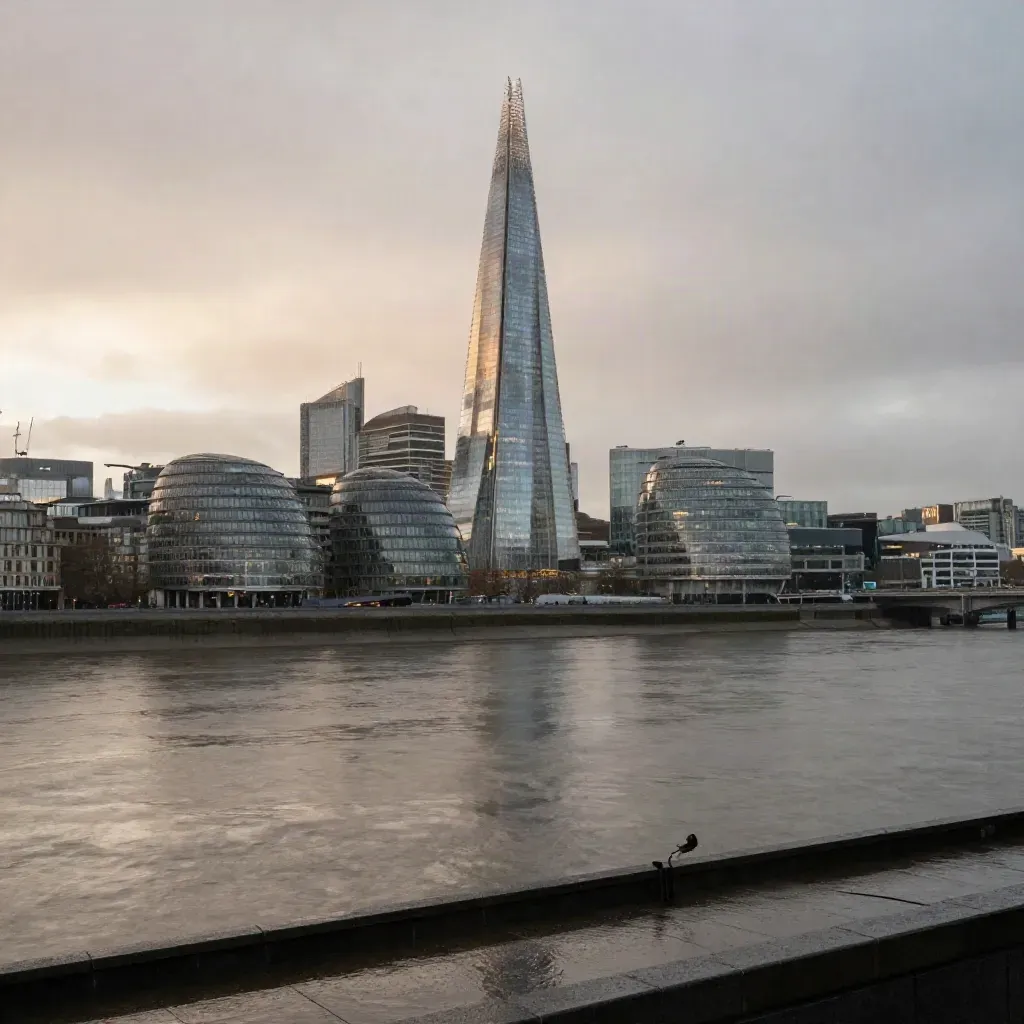 Blue-hour Thames skyline with the Shard above calm river haze and wet embankment stone.