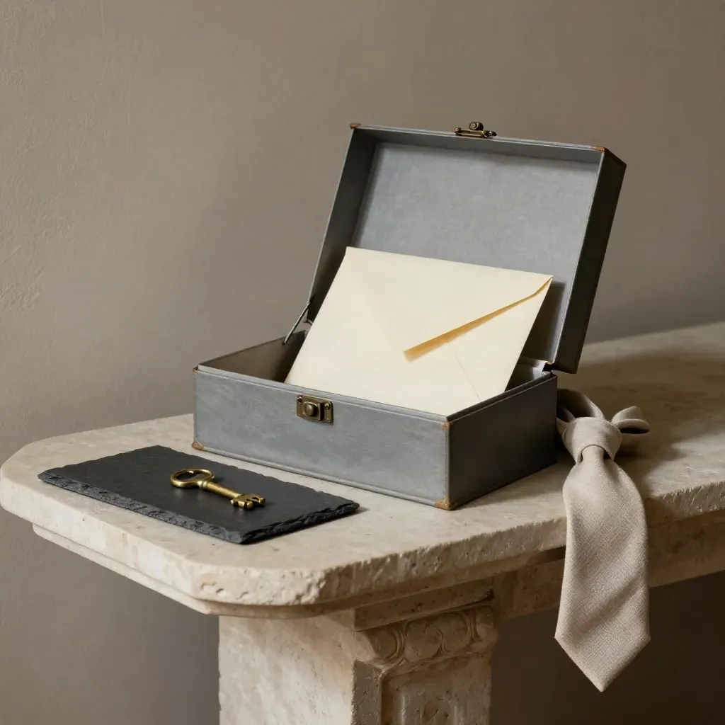 Open file box, sealed envelope and keys on a stone console in soft late light.