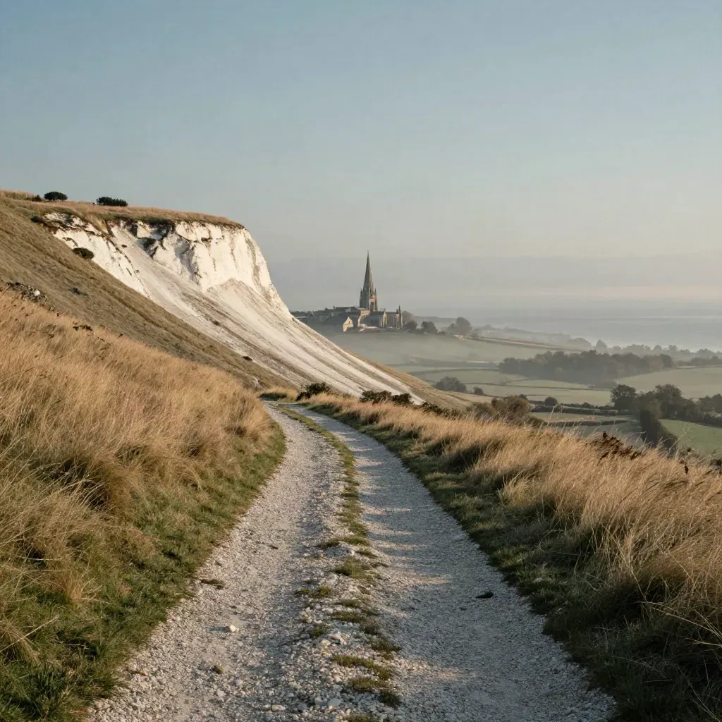 Sunlit chalk downs leading to a distant cathedral spire in sea mist, wide and atmospheric.