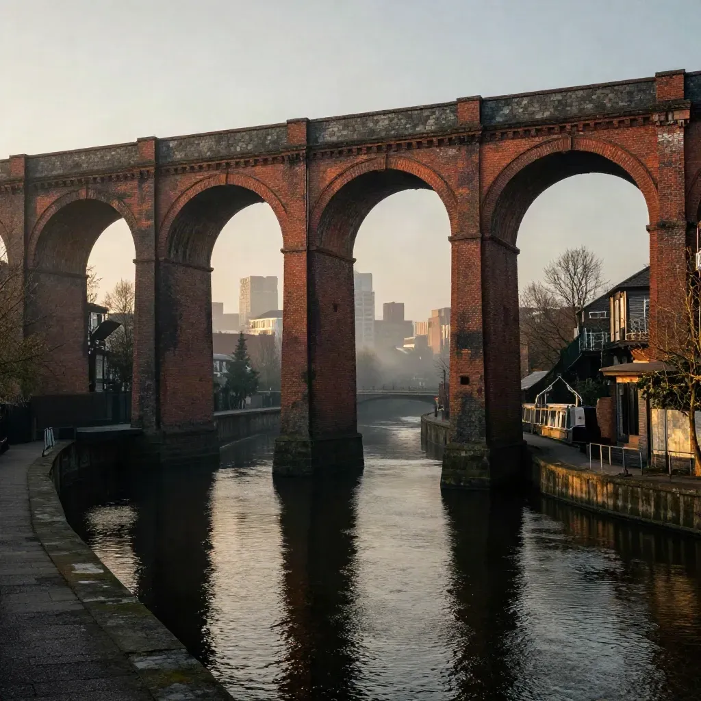 Birmingham canal basins and brick viaducts glowing at sunset with mist and calm water