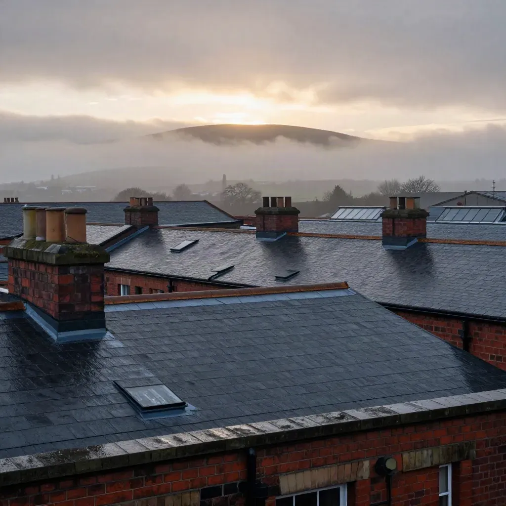 Manchester rooftops and the Pennine ridge in dawn mist above calm space for copy